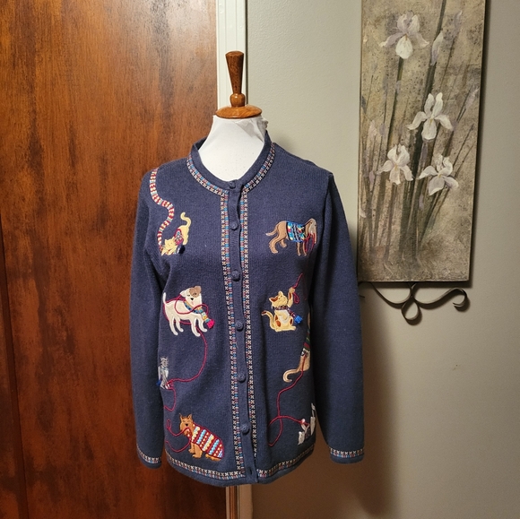 Bechamel Cardigan Sweater Dogs Cats Scarves Blue Large